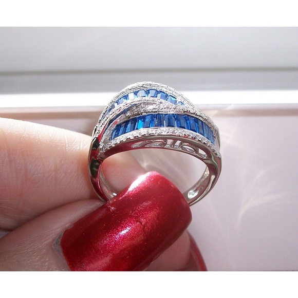 925 STERLING SILVER Blue Spinel & Cubic Zirconia Crossover Ring - Picture 7 of 15